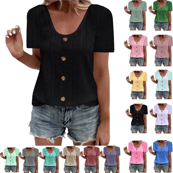 Women Fashion Tops Ndbuld Womens Fashion Summer Short Sleeve Round-Neck Solid Casaul Tops T-shirt Christmas Gifts Black XL