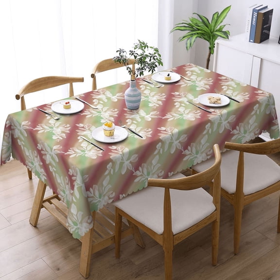 White Floral Pattern On Striped Rectangle Tablecloth Waterproof Table Cloth Stain and Wrinkle Resistant Washable, Decorative Fabric Table Cover for Dining, Party and Camping