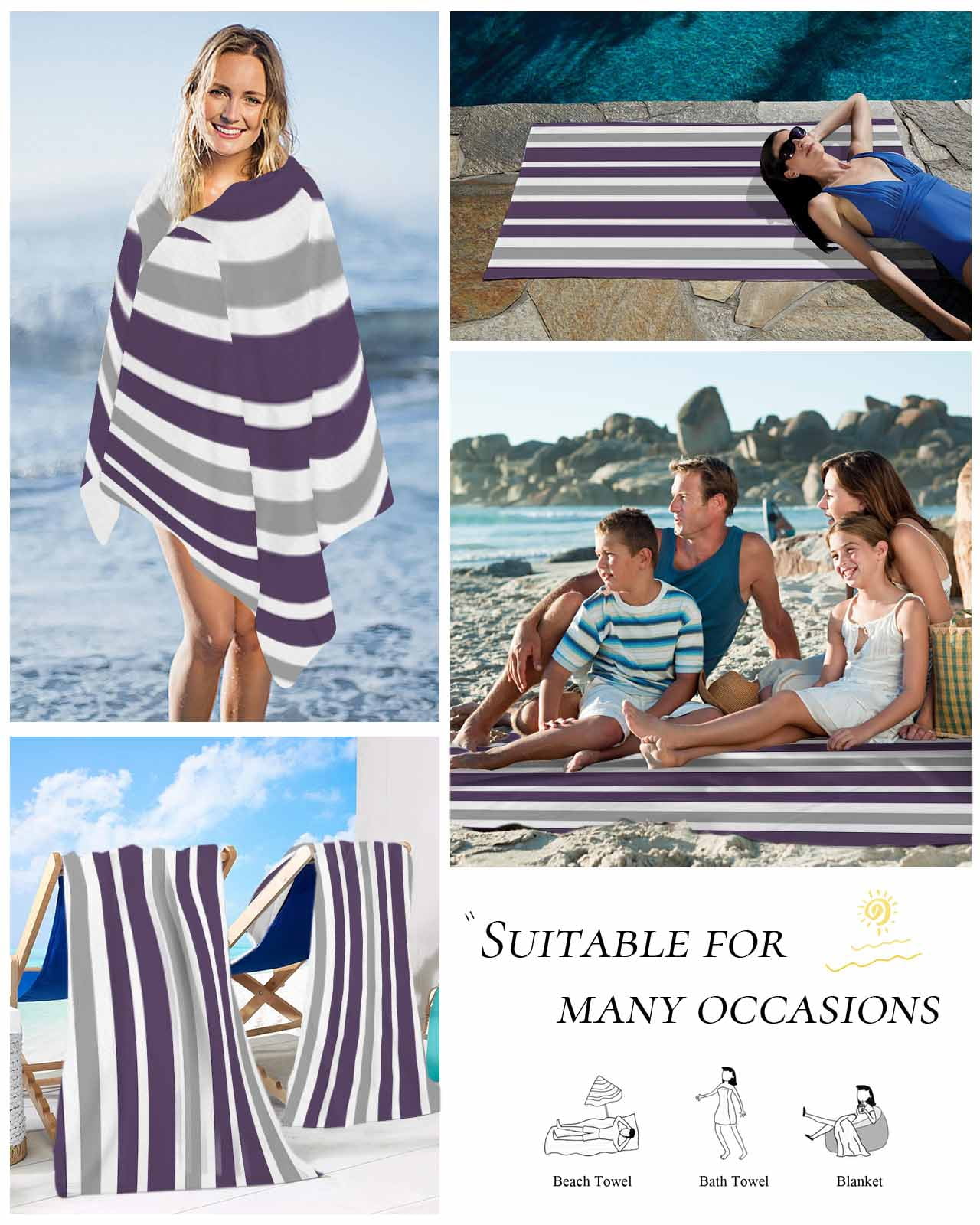 Purple Grey Striped Beach Towels Oversized Super Absorbent, Modern White Abstract Art Aesthetics Lightweight Bath Towel Quick Dry Sets For Bathroom/Pool/Rv Camping/Beach Play/Gym Room/Picnic 30"x60"