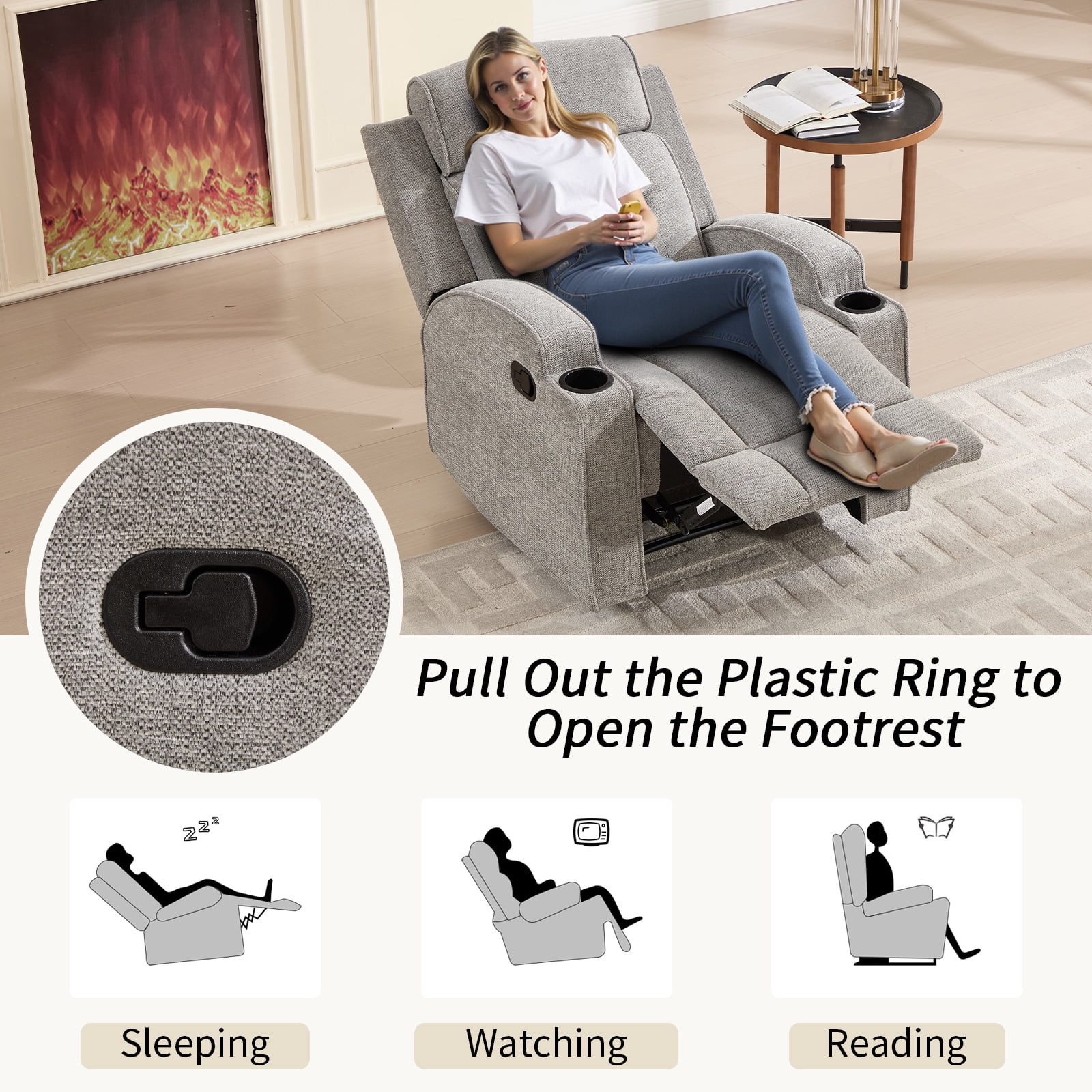 Bonzy Home Fabric Manual Recliner Chair — Modern Single-Seat Recliner with Padded Armrests & Backrest for Living Room & Bedroom