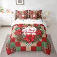 thumbnail image 2 of Feelyou Christmas Red Poinsettia Bedding Comforter Set 7 Pieces, Happy New Year Full Bedding Set, Vintage Red Green Plaid Reversible Fitted Sheet Flat Sheet, Luxury Bedroom Decor, 2 of 7
