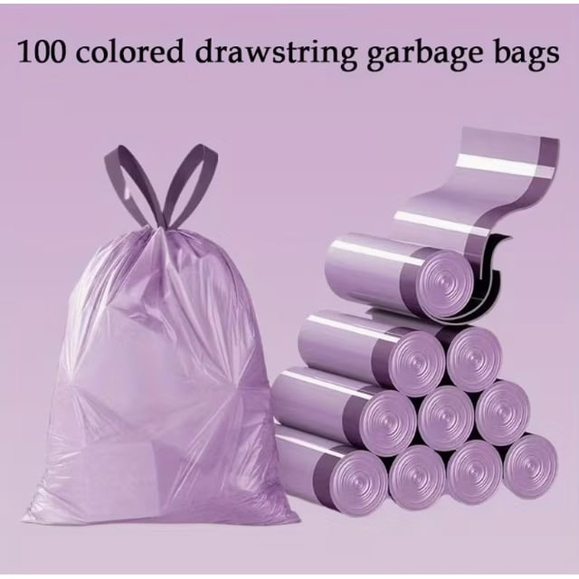 Cordón portátil perfumado morado 1 rollo 100 prácticas bolsas de basura, uso doméstico, fiesta, enviar una bolsa de basura morada