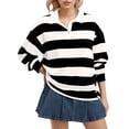thumbnail image 2 of Women Striped Color Block Polo Sweatshirt Lapel Collared Long Sleeve Oversized Rugby Shirt Trendy Fall Clothes, 2 of 6