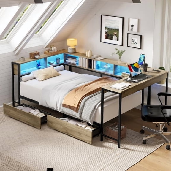 DRNANLIT Corner Full Bed Frame with 2 Drawers & Bookcase Storage, Full Size Daybed with Charging Station and Led Lights, Metal Platform Bed Frame for Living Room Bedroom, Gray