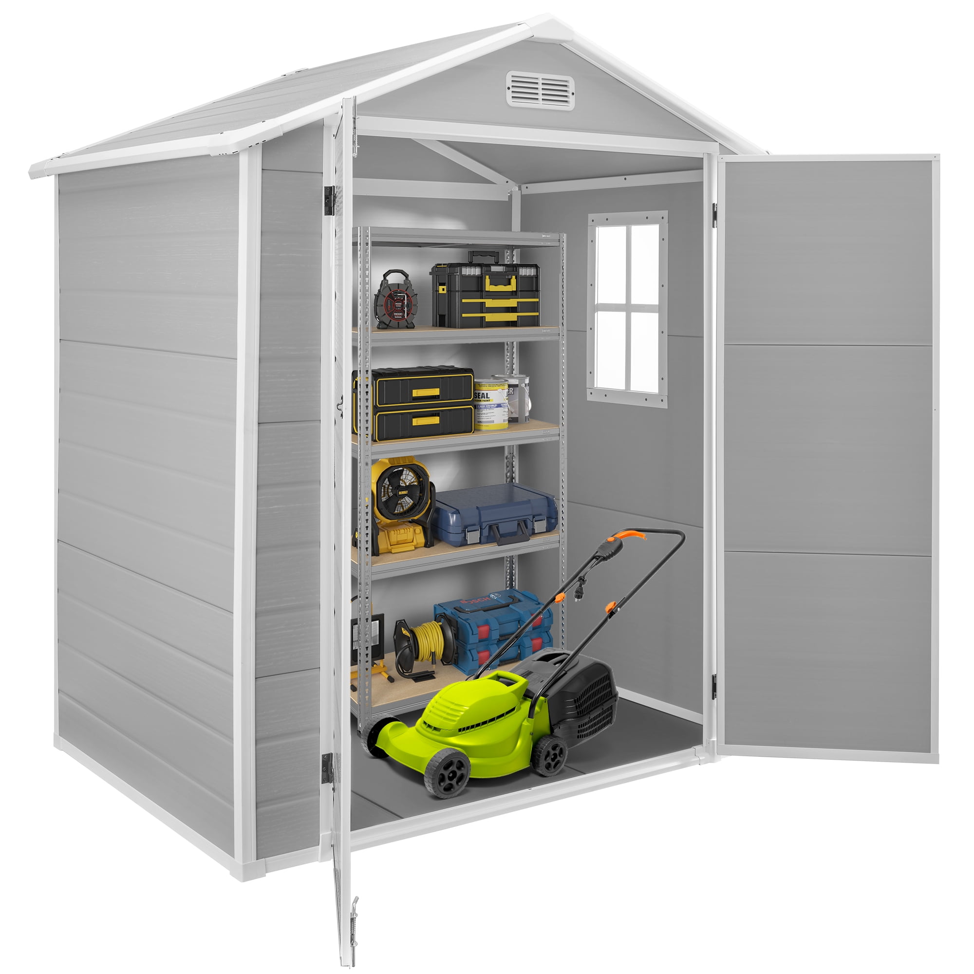 Syngar 6' x 4' Outdoor Plastic Storage Shed, Tools Storage Shed, All Weather Garden Shed with Lockable Doors, Reinforced Floor and Pitched Roof, Outdoor Storage Shed for Backyard, Patio, Lawn