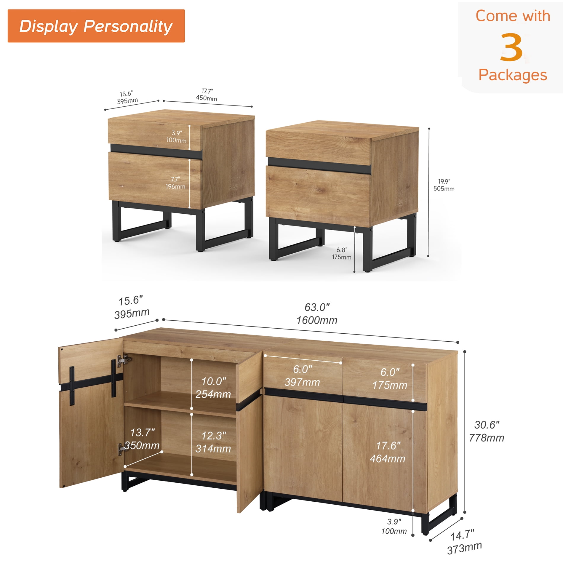 Modern 3-Piece Living Room Set – 63" TV Stand + 2 End Tables with Drawers, Entertainment Center with Storage Cabinet for Living Room,Oak