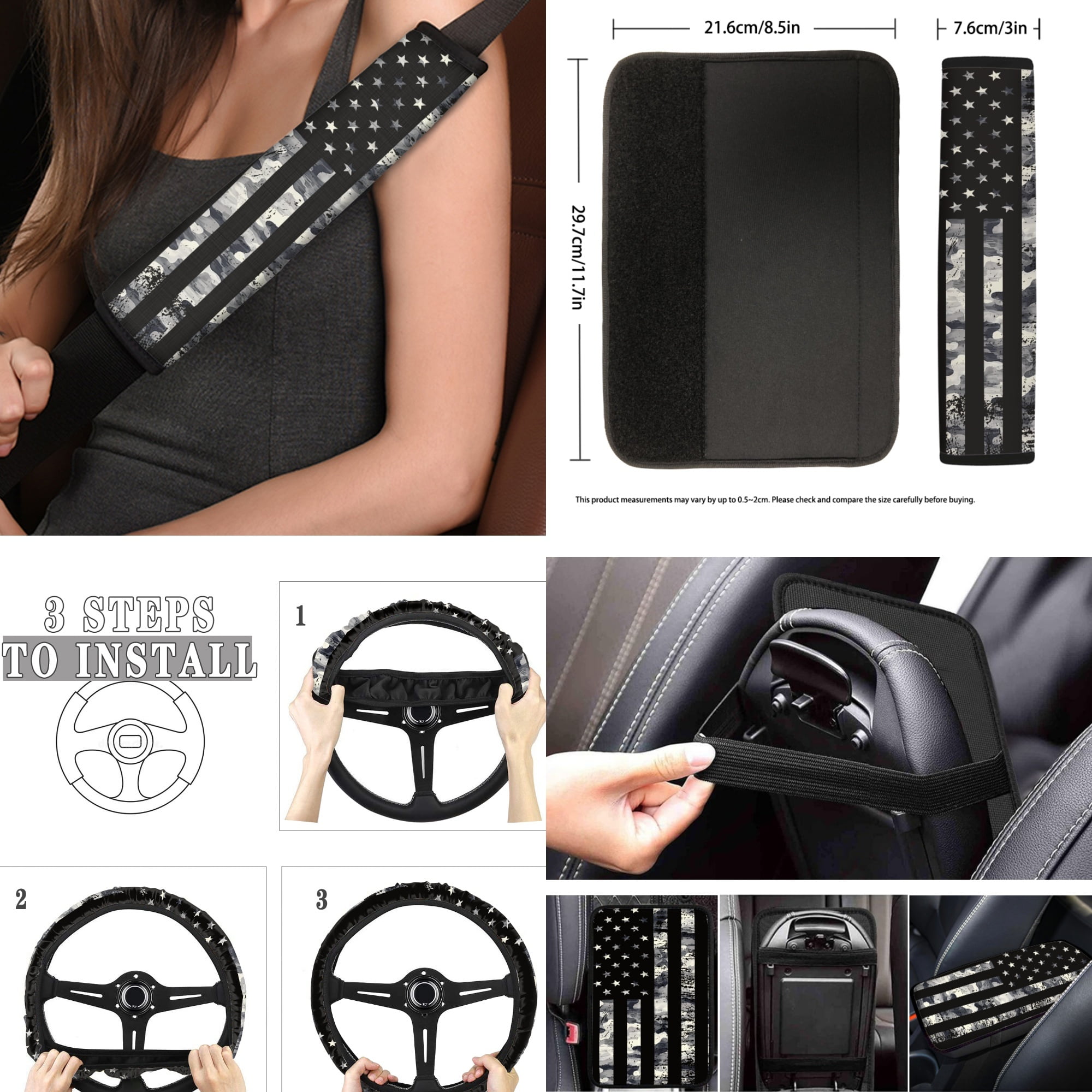 Jeiento American Flag 17 Pcs Car Seat Covers Full Sets for Women Men, Car Floor Mats with Steering Wheel Cover Armrest Cover Seatbelt Covers Cup Coaster Lipstick Keychain, 4Th of July Decor