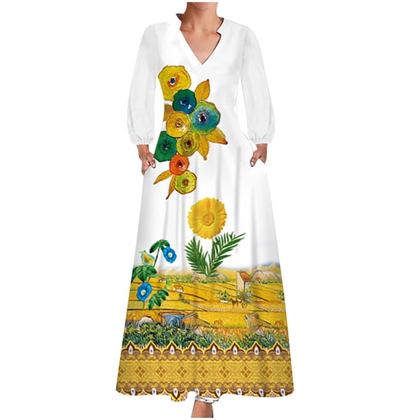 Moda mujer otoño estampado casual cuello pico cremallera manga larga vacaciones bolsillos vestido Fridja yut5843