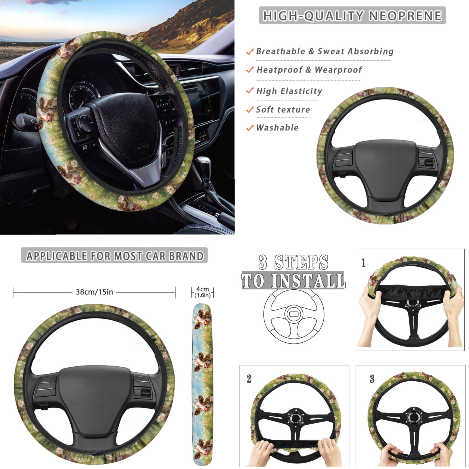 Jeiento Cow 14 PCS Car Seat Covers Set with Steering Wheel Cover Seat Belt Pads Garbage Bag Armrest Seat Box Cover Handbrake Cover Set Rear View Mirror Protector Coasters Interior Auto Accessory