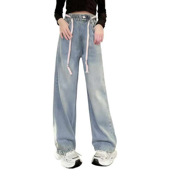 Girls Baggy Jeans Distressed Denim Pants High Waistband Wide Leg Jeans with Butterfly Embroidered Cute Pants