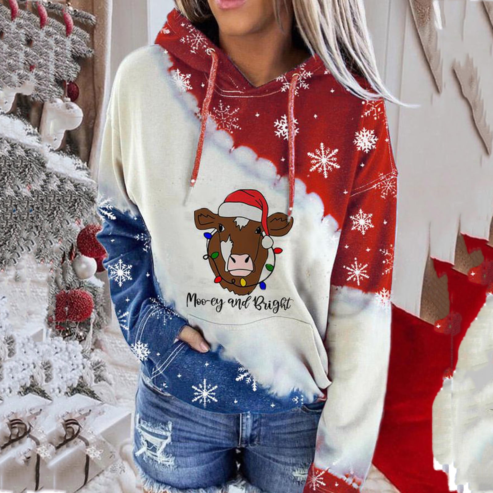 Christmas Red Tree Topper Mens Fashion Hooded Sweater Autumn Winter Casual 