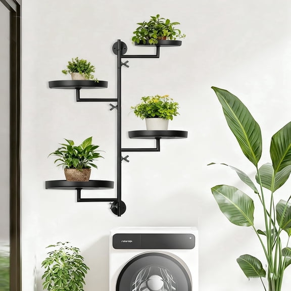 Mosawomo Rotating Window Wall Plant Support Frame Metal Holder Stand Suitable for Indoor and Outdoor Plant Display Stands (Black-Round)