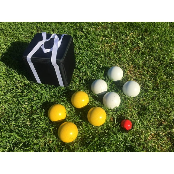 Unique Bocce Sets - 107mm with White and Yellow Balls, Black Bag