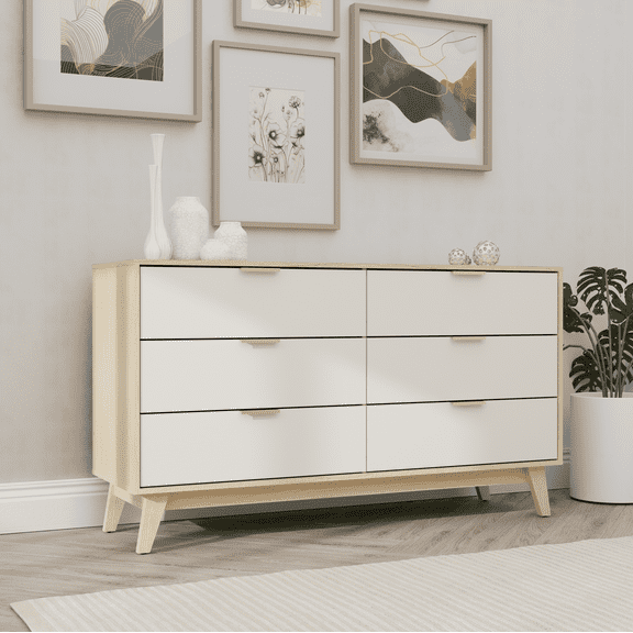Kappesberg Milan 6-Drawer Horizontal Dresser, Blonde Oak/Cream – Modern Bedroom Storage for Adults and Teens