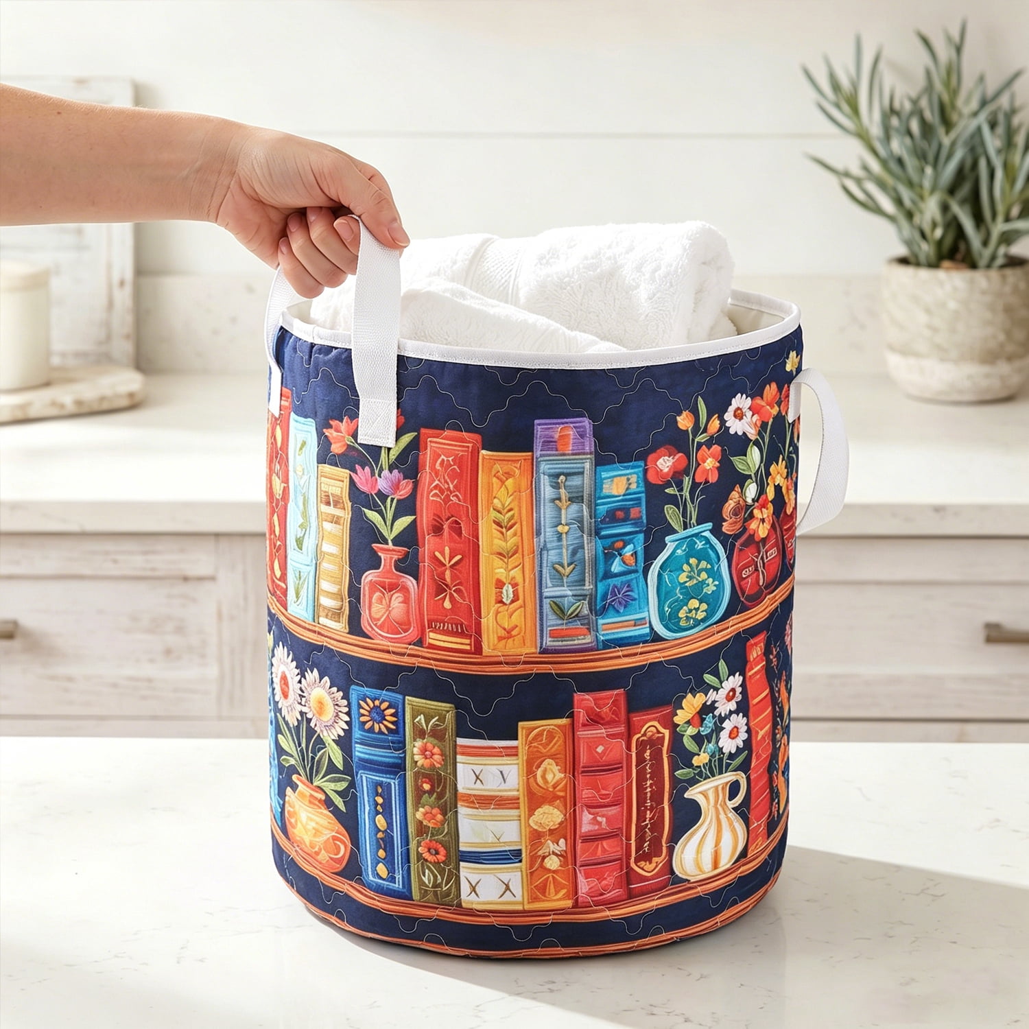 Yucurem Boho Fabric Floral Storage Hamper with Handle, Quilted Laundry Basket for Nursery Bedroom Laundry Room Clothes Toys (Bookshelf)