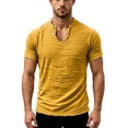 thumbnail image 4 of Homeyce Men's Casual Linen T Shirts V-Neck Short Sleeve Washed Frayed Raw Edges Tops Summer Beach Vacation Casual Tshirt Solid Color Muscle Fit Thin Breathable Basic Tees,Yellow 3XL, 4 of 6
