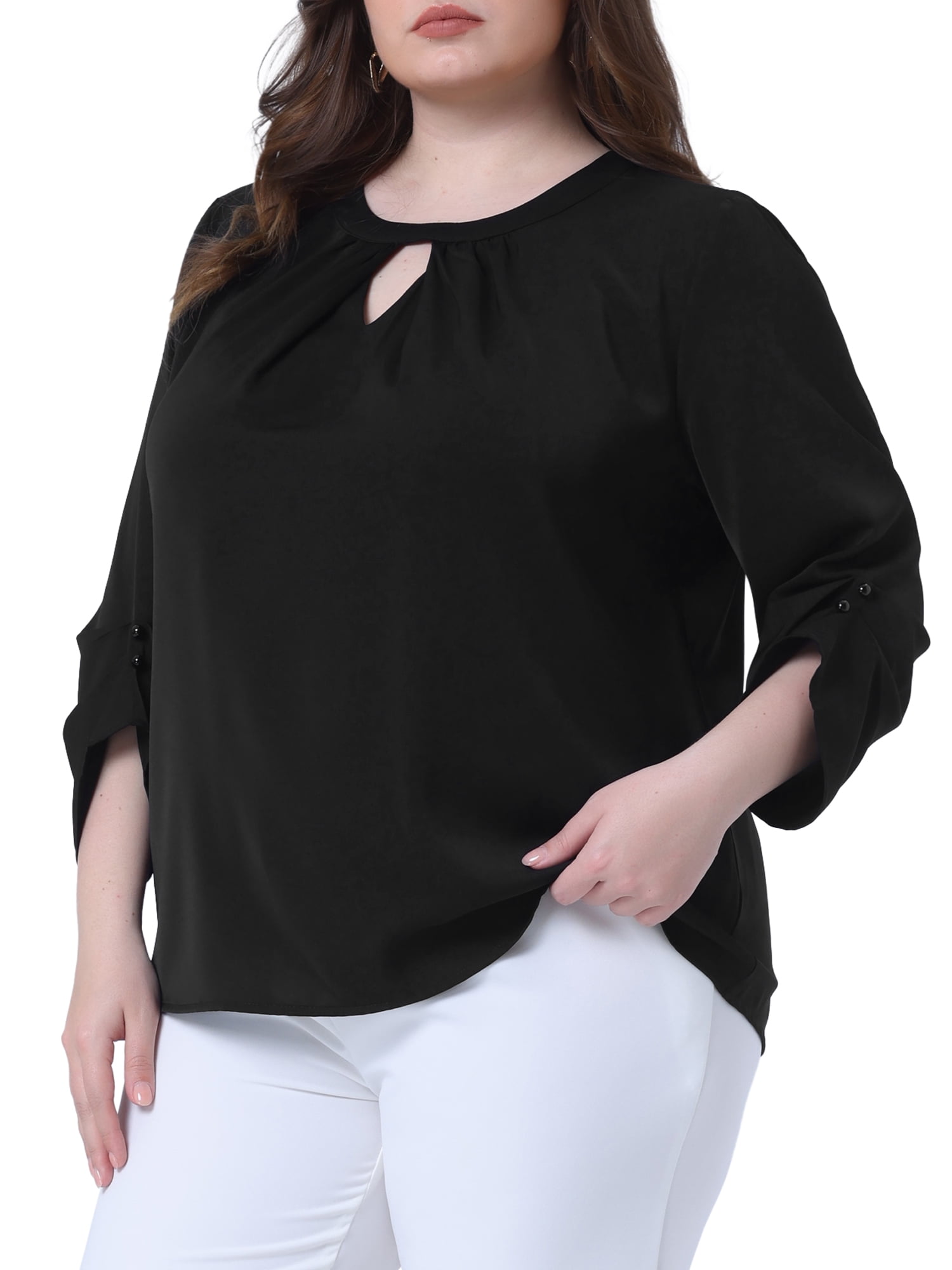 DARING DIVA Women's Plus Size Pleated Crew Neck Keyhole Tops 2X Black