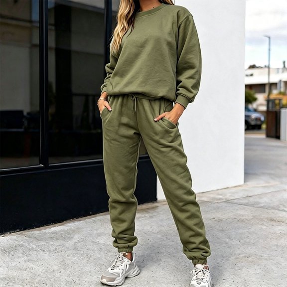 Fall Outfits For Women 2 Piece Set Long Sleeve Crew Neck Sweatshirts & Drawstring Jogger Pants Casual Daily Outfit Sets Green#1 L