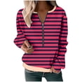 thumbnail image 3 of breaise Chandail à Fermeture Éclair pour Femme à Col en V, Décontracté, Manches Longues, Tunique Rayée, Chemise Confortable, Coupe Oversize, Haut à Enfiler, Rouge, P, 3 of 3