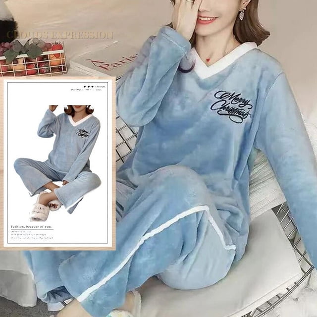 Conjuntos de Pijamas de franela para Mujer, ropa de dormir clásica con estampado a cuadros de peluche, ropa de casa de terciopelo Kawaii Girsl, Otoño e Invierno