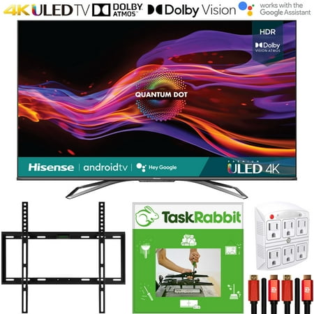 Hisense 65 Inch U8G Series 4K ULED Quantum HDR Smart Android TV 65U8G (2021) Bundle with TaskRabbit Installation Services + Deco Gear Wall Mount + HDMI Cables + Surge Adapter
