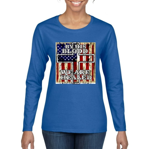 By His Blood We Are Healed Inspirational/Christian Womens Graphic Long Sleeve T-Shirt, Royal, X-Large