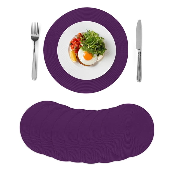 Pure Dark Purple Round 13 Inch Placemats Set of 8, Simple Solid Color HeatResistant Non Slip Place Mats for Dining Table, Wipeable Braided Kitchen Table Mats for Housewarming