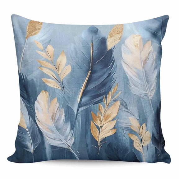Throw Pillow Covers 26x26 Inch, Blue Gold Feather Decorative Pillow Cases for Couch Sofa Bed, Modern Oil Painting Gradient White Cotton Linen Square Home Decor Pillowcases with Hidden Zipper