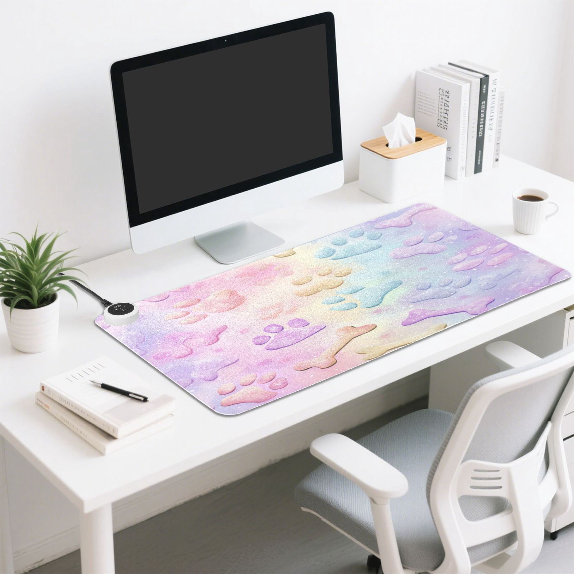 Large Heated Desk Mat Mouse Pad 31.5"x13"PU Leather Graphene Heating Desk Warmer with 3 Temperature Settings 110V US Plug Non-Slip Warm Pad for Home, Office, and Gaming Pastel Dog Bone Print