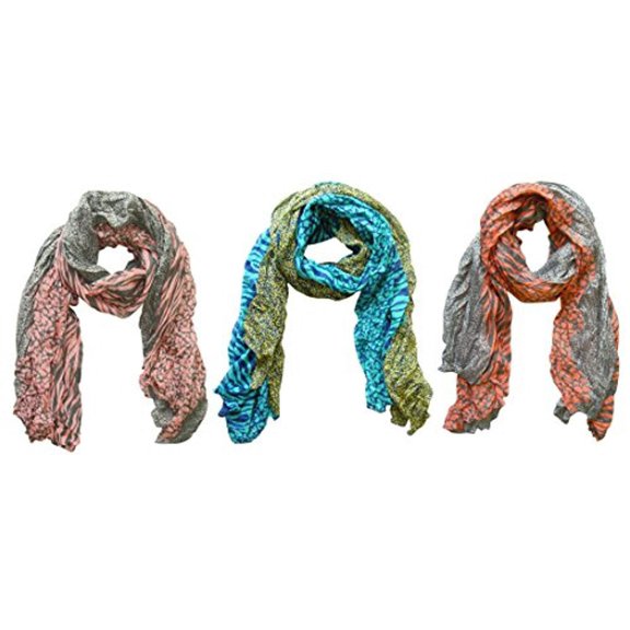 Peach Couture All Seasons Retro Zebra and Leopard Mix Animal Print Crinkle Beautiful Scarf wrap 3 Pack