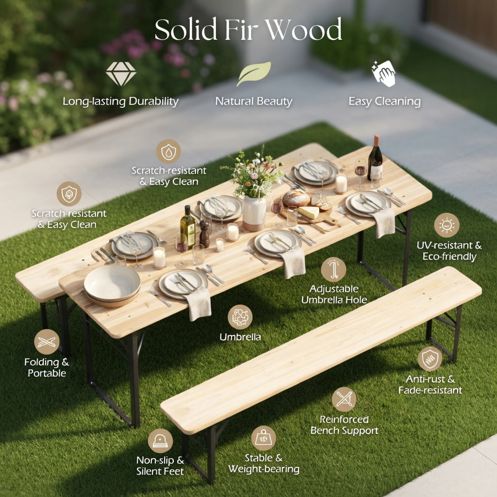 Hommoo 70 Inch Foldable 3-Piece Picnic Table Set with Benches for 6, Fir Wood & Metal Outdoor Patio Table, Black & Natural