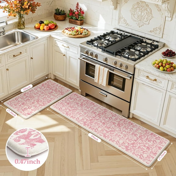 2-Piece Pink Vintage Distressed Kitchen Mat Set - 17.3"x29" 17.3"x59" Memory Foam Anti-Fatigue Non-Slip Cushioned Standing Rug for Sink & Office