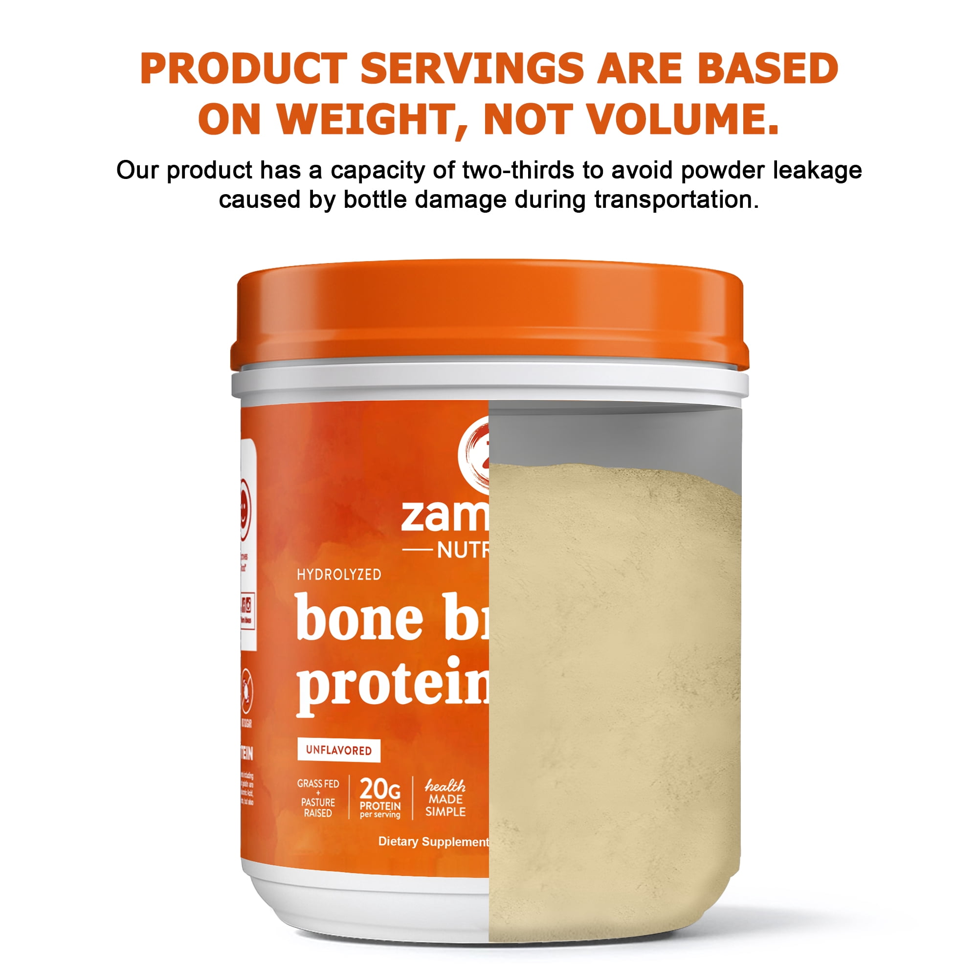 Zammex Grass Fed Beef Bone Broth Powder Protein Supplement, Hydrolyzed Collagen Peptides I & III for Skin & Joint Health, Keto Paleo, 1.32lb, Natural Flavor