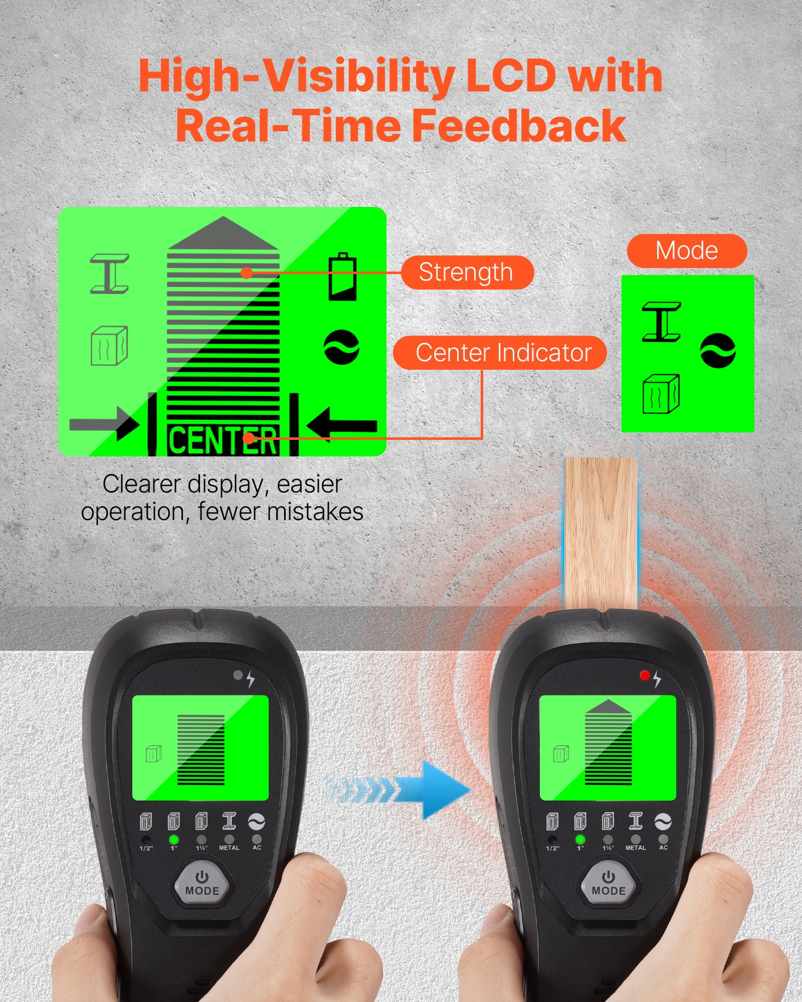 VEVOR Stud Finder Wall Scanner, 5 in 1, Electronic Wall Stud Detector with Smart Sensor, High-Definition LCD Display and Audio Alarm, for the Center and Edge of Metal, AC Wire, Joists, Pipes, Black