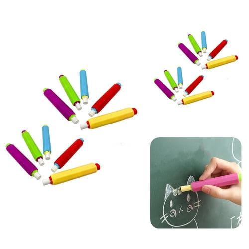 10Pcs Chalk Holders Adjustable Prevent Breakage Dust-proof Writing Plastic Teacher Chalk Pen Clips for School. The image displays 10 plastic chalk holders in vibrant random colours, designed to extend chalk life, prevent breakage, and keep hands clean during use. A close-up shows one holder being used to draw on a chalkboard. Each holder is 9.5cm long and ideal for school or home settings.