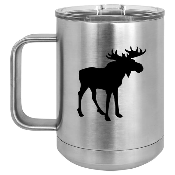 15 oz Tumbler Coffee Mug Travel Cup With Handle & Lid Vacuum Insulated Stainless Steel Moose (Silver)