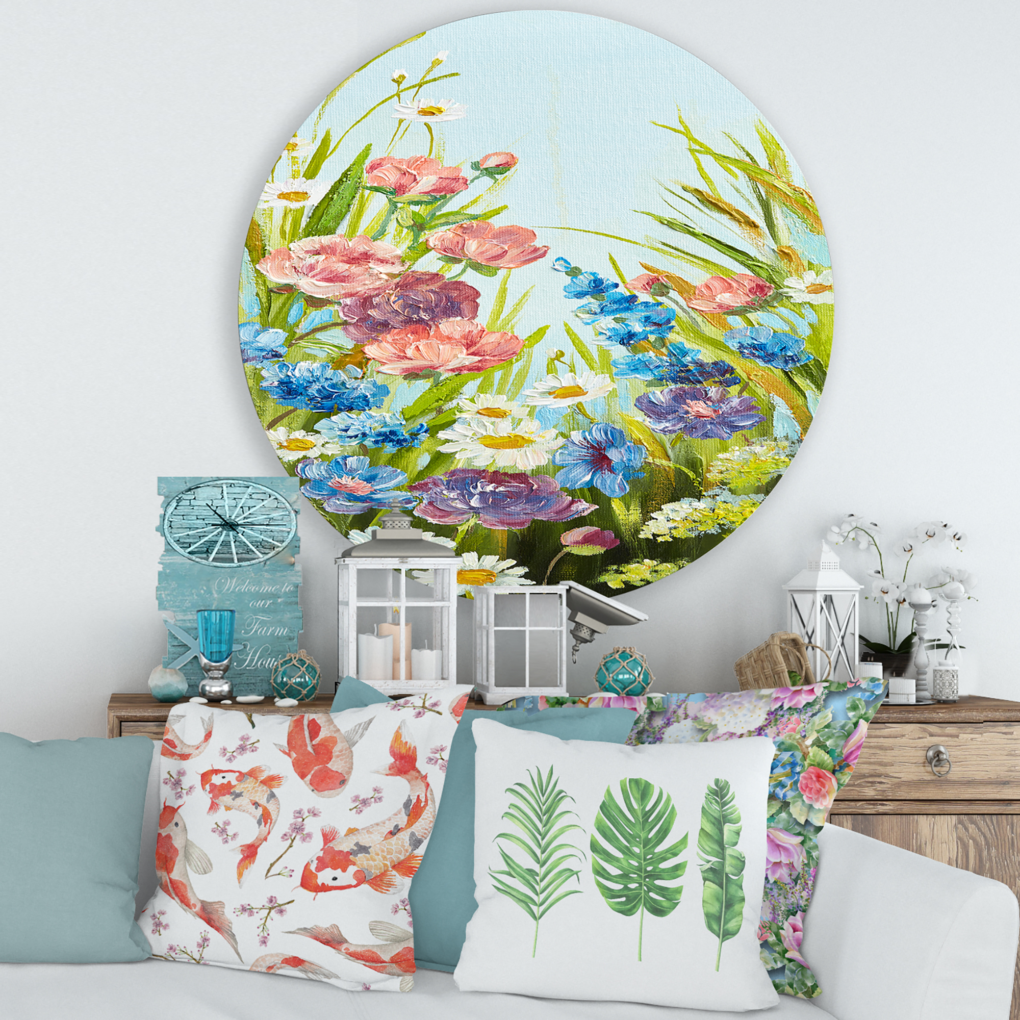 Designart 'Still Life Of Colorful Wildflowers With Leaves III' Traditional Circle Metal Wall Art 36x36 - Disc of 36