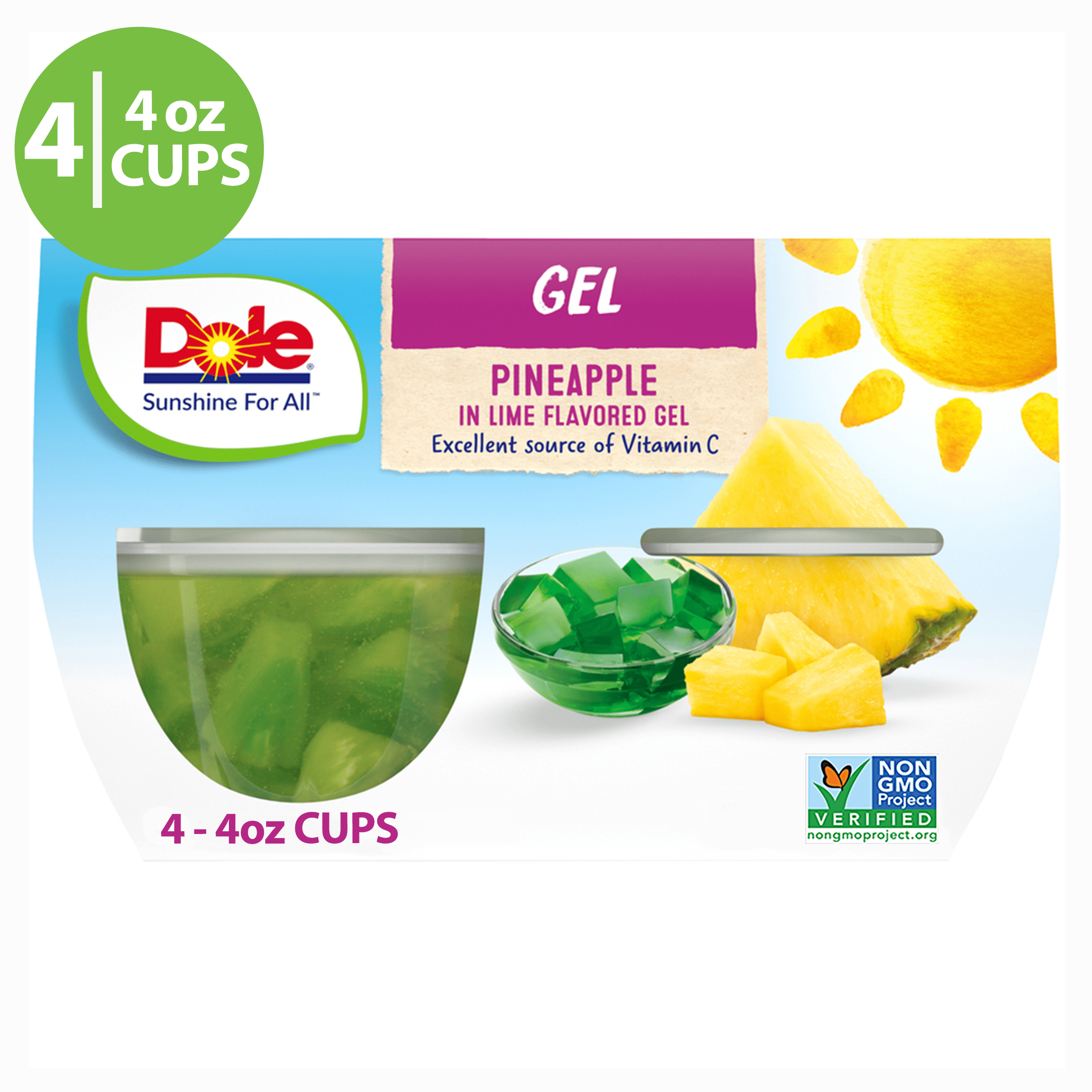 Dole Fruit Bowls Pineapple Chunks in Lime Gel, 4.3 Oz Bowls, 4 Cups of Fruit in Gel