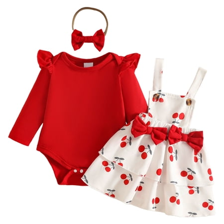 YWIYIUD NewbornBaby Girl Clothes Sets Long Sleeve Ruffle Romper Overall Dress with Hairband NewbornCartoon Outfit Kids Girls Overall Dress Holiday Clothes Fall Winter 3Pcs Clothing Sets 3-6 Months