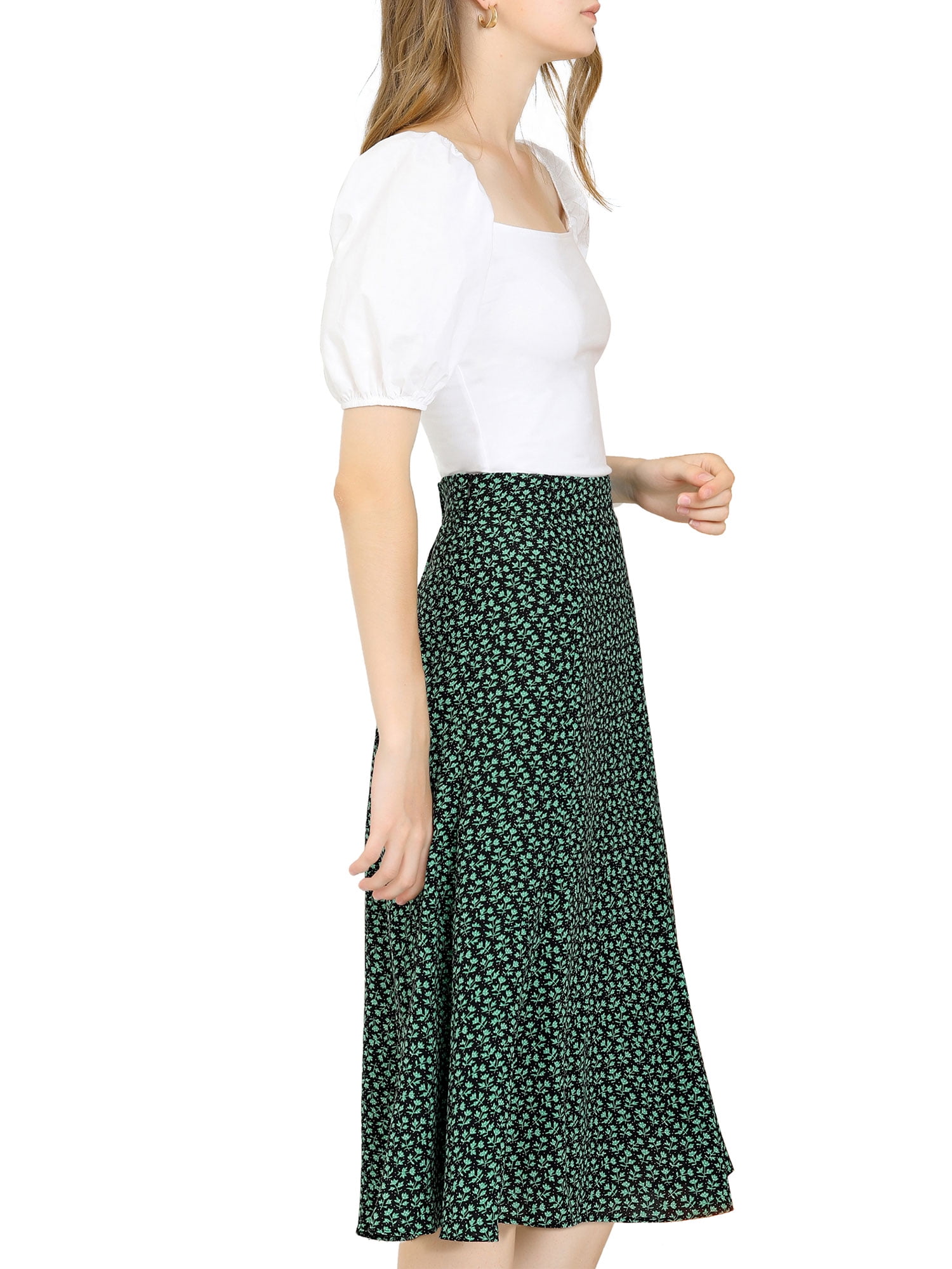 DARING DIVA Women's Elastic Waist A-Line Floral Print Midi Skirt XS Green