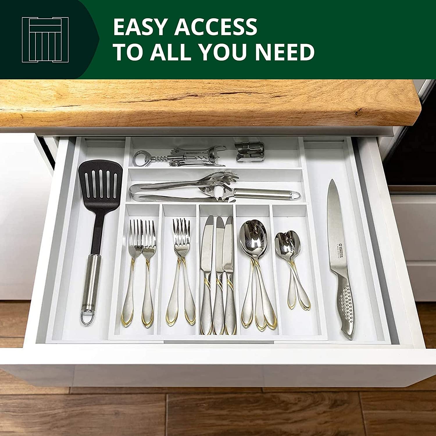 Bamboo Kitchen Drawer Organizer - Expandable Silverware Organizer/Utensil Holder and Cutlery Tray with Grooved Drawer Dividers for Flatware and Kitchen Utensils (9 Slots, White)