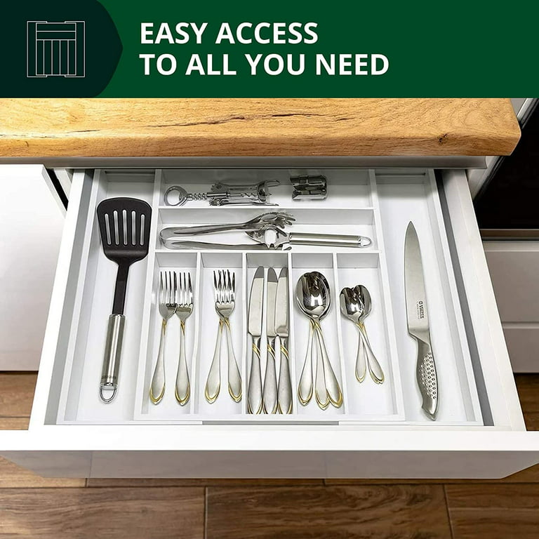 KitchenEdge Adjustable Kitchen Drawer Organizer for Utensils and Junk, Expandable to 19 to 33 Inches Wide, 9 Compartments, Food-Safe Contract Grade