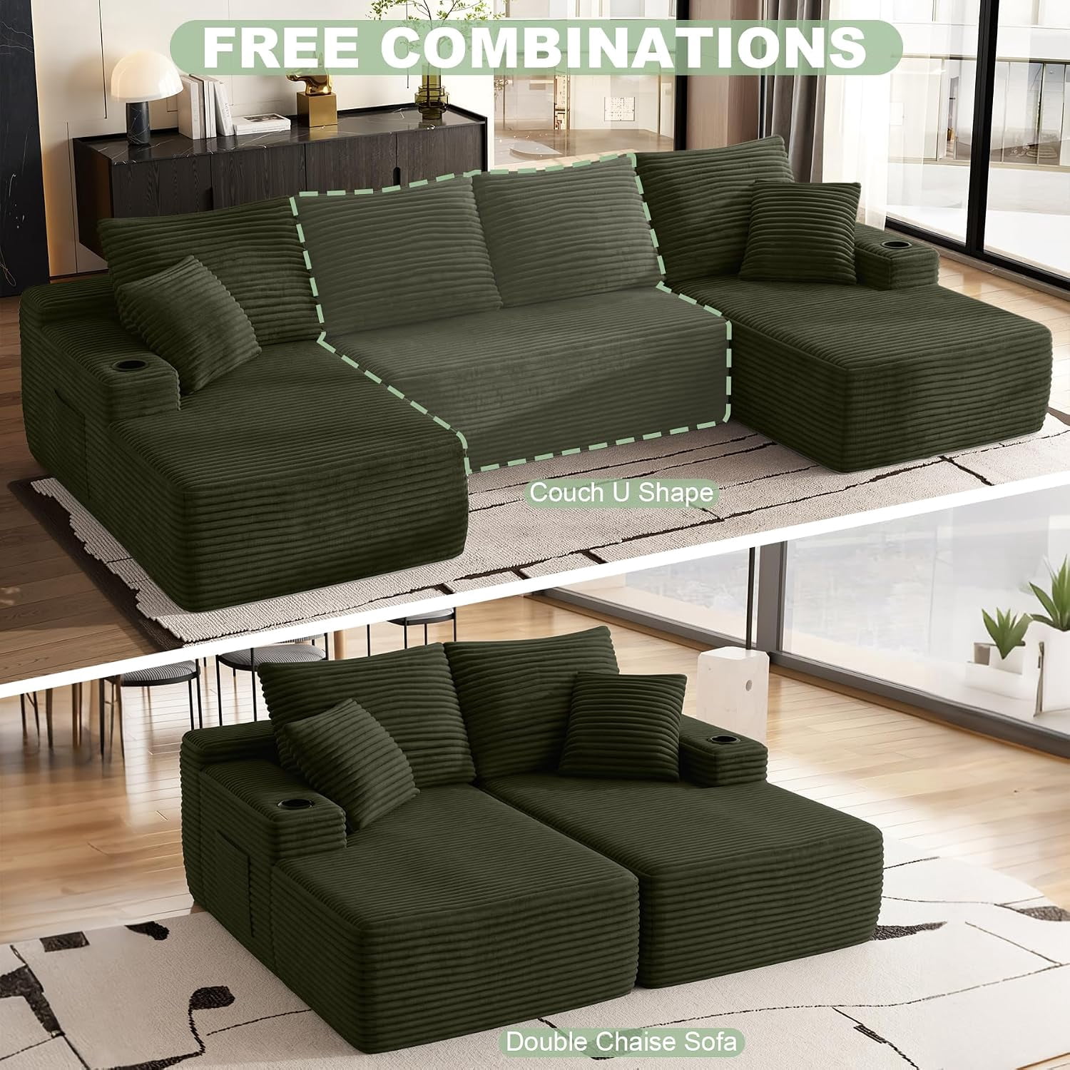 134" Compressible U Shaped Modular Sectional Sofa Set, Minimalist Corduroy Cloud Couch for Living Room, No Assembly Required