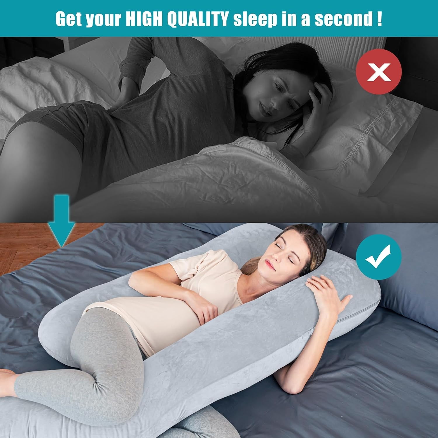 Pregnancy Pillows, Soft U-Shape Maternity Pillow with Removable Cover - Full Body Pillows for Adults Sleeping - Pregnancy Must Haves - Jumbo 57 Inch - Light Grey