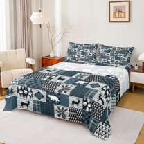Homewish Jungle Wildlife Deer Twin Sheet Sets,Pachwork Geometric Plaid Twin Fitted Sheet,Blue Gray Flat Sheet For Boy Teens,Super Cozy Room Decor,3pcs