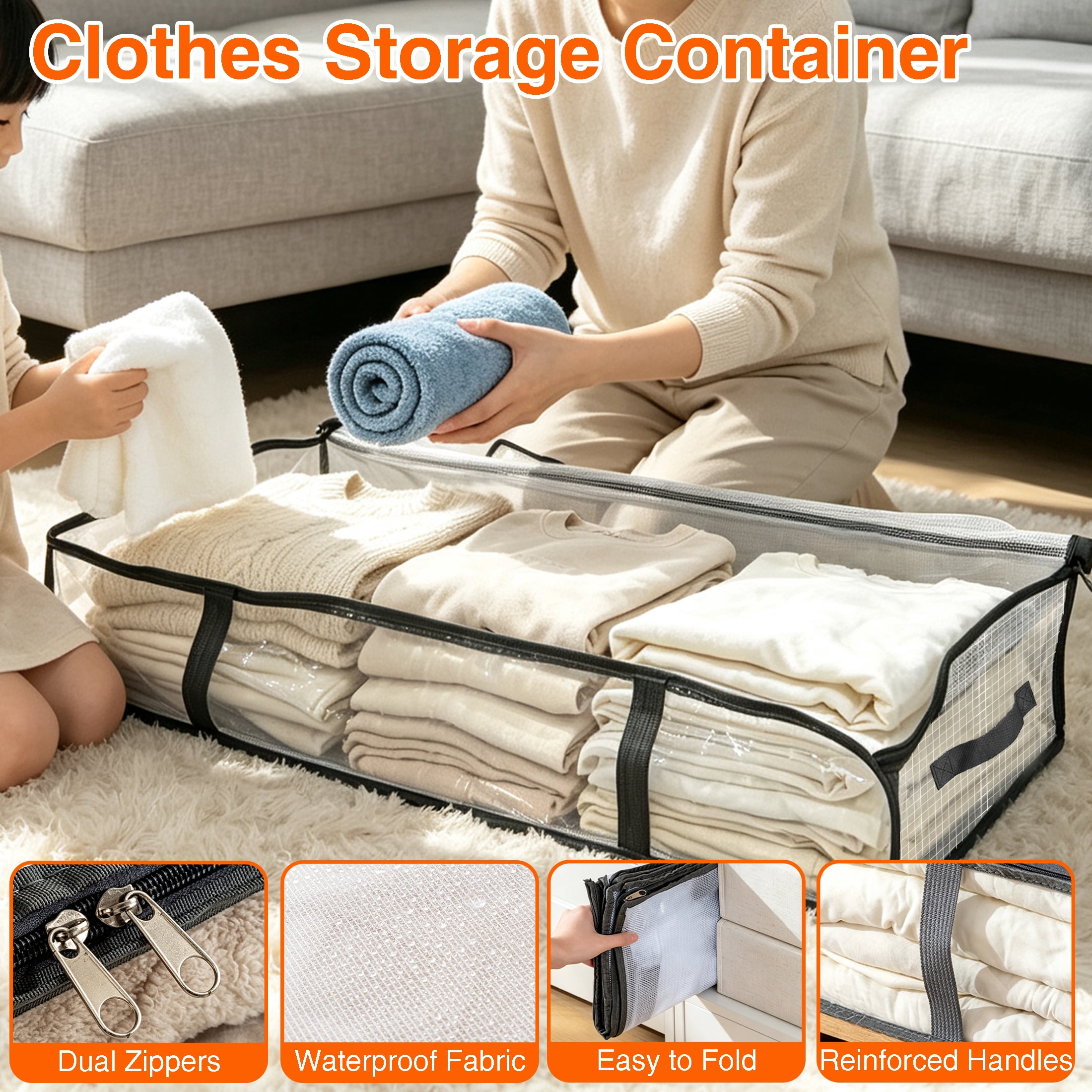 GARITIN Under Bed Storage Bag, Large Capacity Foldable Under‑Bed Storage Organizer with Clear Visual Window & Reinforced Handles, for Comforters, Blankets, Bedding, Clothes