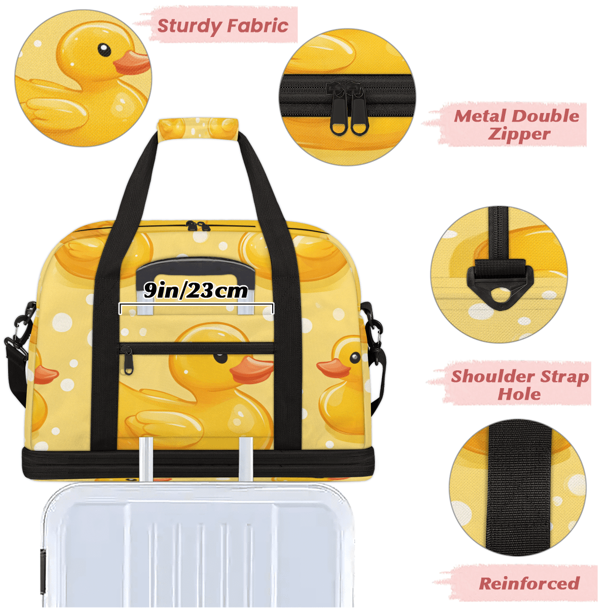 Herdesigns Yellow Duck Foldable Travel Duffel Bag for Women Men, Polka Dots Weekend Overnight Carry On Bags with Shoe Compartment