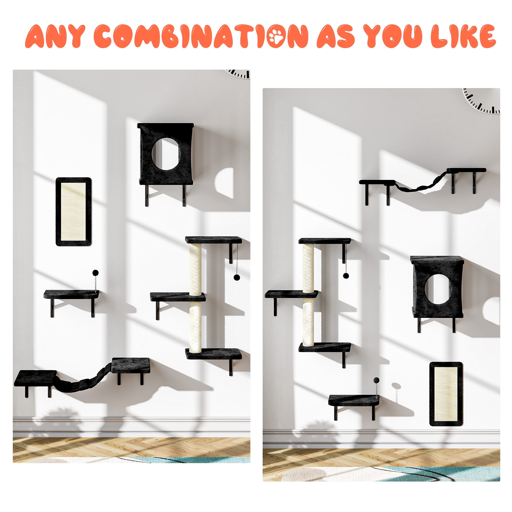 LHBCraft 5Pc Cat Wall Shelves Set, Black Wall-Mounted Cat Climber with Bridge & Perch
