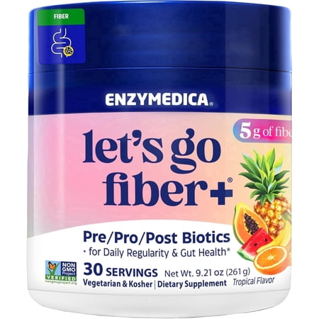 Enzymedica, Let’s Go Fiber+ Tropical Flavor, Prebiotics & Probiotics, Postbiotic, Soluble Fiber for Gut Health, Regularity, Powder for Men & Women, Sugar-Free, 30 Servings