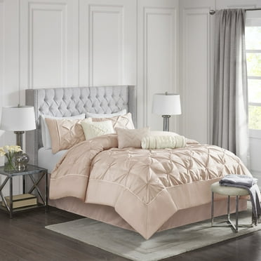 Regency Heights Queen Comforter Sets, 7-Piece Tufted Pintuk Bed in a Bag Bed Set, Satin Luxury Black Comforter Bedding Set with Decor Pillow